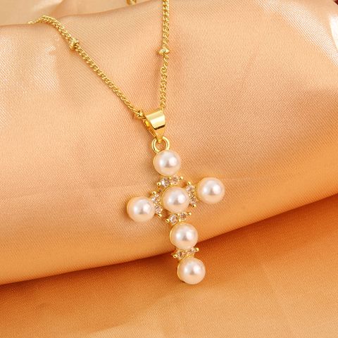 Retro Cross Copper 18k Gold Plated Freshwater Pearl Pendant Necklace In Bulk