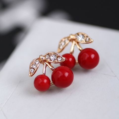 1 Pair Sweet Cherry Alloy Inlay Artificial Gemstones Gold Plated Women's Ear Studs