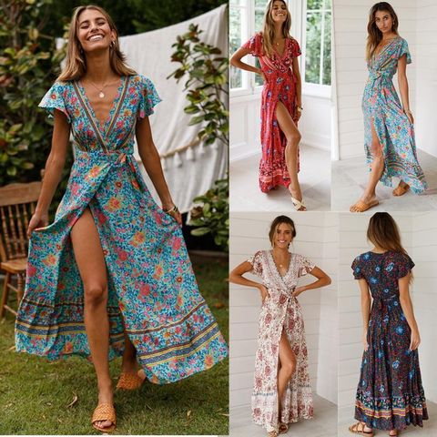 Casual Ditsy Floral V Neck Short Sleeve Printing Cotton Maxi Long Dress A-line Skirt