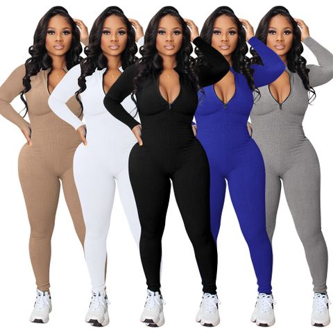 Women's Daily Sports Casual Solid Color Full Length Zipper Jumpsuits