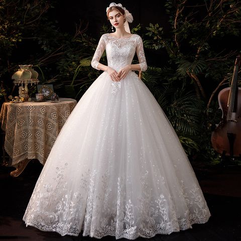 Party Dress Elegant Fashion Round Neck Embroidery Lace Half Sleeve Solid Color Maxi Long Dress Wedding Formal