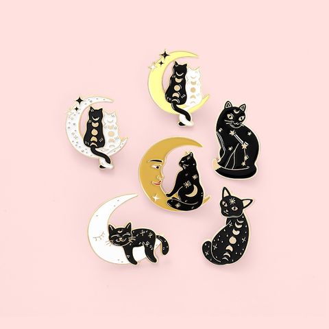 Retro Moon Cat Alloy Inlaid Gold Unisex Brooches