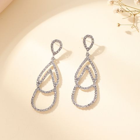 1 Pair Elegant Fashion Double Ring Alloy Water Drop Hollow Out Artificial Rhinestones Women's Earrings