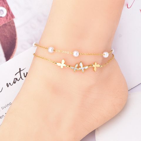 1 Piece Fashion Butterfly Titanium Steel Inlay Shell Women's Anklet