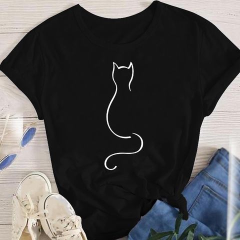 Women's T-shirt Short Sleeve T-shirts Printing Fashion Cat Flower