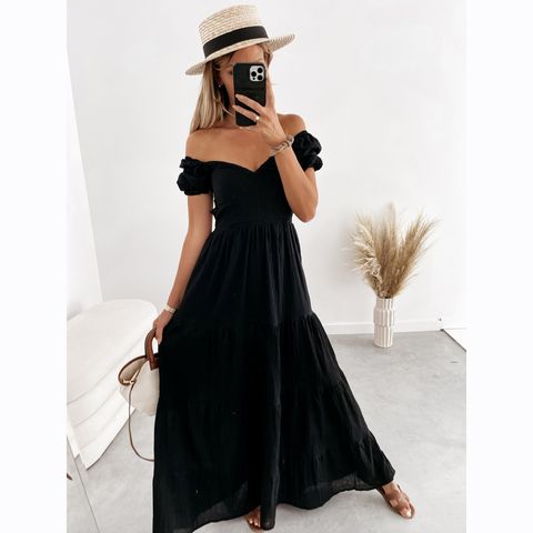 Fashion Solid Color Square Neck Short Sleeve Patchwork Polyester Maxi Long Dress Tiered Skirt