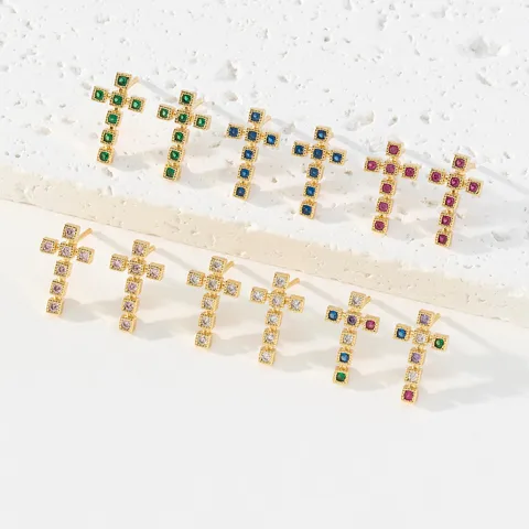 1 Pair Simple Style Cross Copper Inlay Zircon Ear Studs