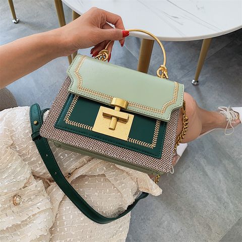 Women's Pu Leather Color Block Streetwear Square Lock Clasp Handbag