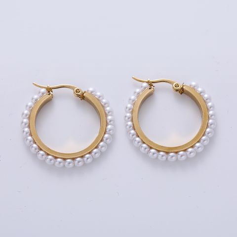 1 Pair Fashion Round Plating Inlay Stainless Steel Artificial Pearls 18k Gold Plated Hoop Earrings