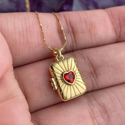 Glass Copper Retro Plating Inlay Heart Shape Rectangle Zircon Pendant Necklace