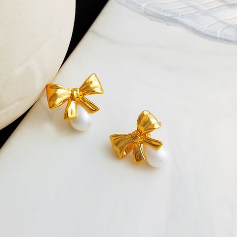 1 Pair Sweet Bow Knot Copper Plating Artificial Pearls Ear Studs