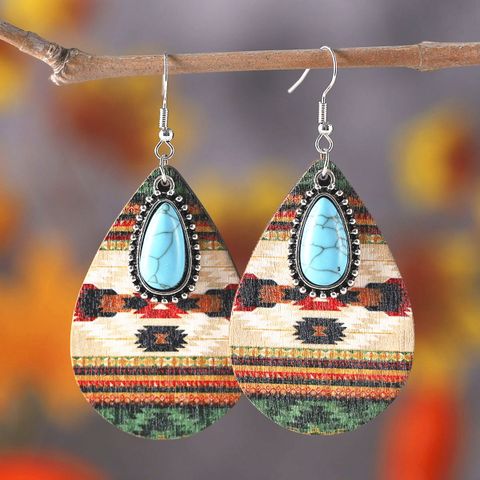 1 Pair Bohemian Geometric Wood Water Drop Turquoise Women's Drop Earrings