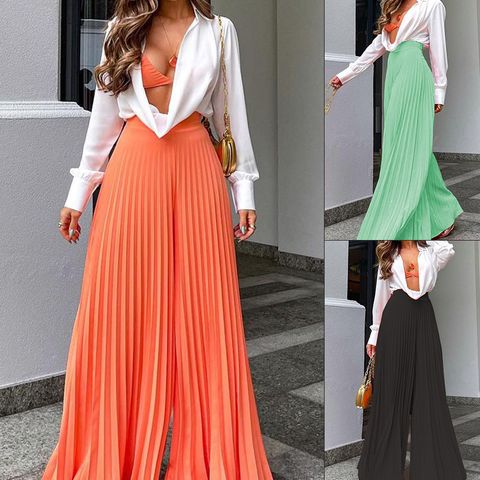 Women's Street Casual Solid Color Full Length Stripe Casual Pants Wide Leg Pants