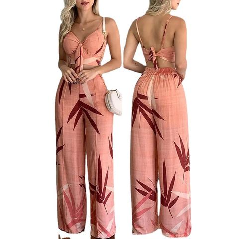Women's Vacation Leaf Polyester Printing Pants Sets