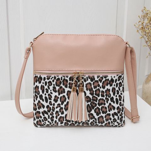 Mujeres Medio Cuero Sintético Leopardo Moda Cuadrado Cremallera Bolso Bandolera