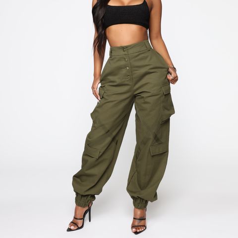 Women's Street Fashion Solid Color Full Length Patchwork Cargo Pants