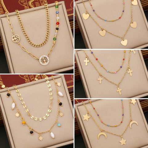 Wholesale Fashion Commute Cross Heart Shape Stainless Steel Plating 18K Gold Plated Layered Necklaces