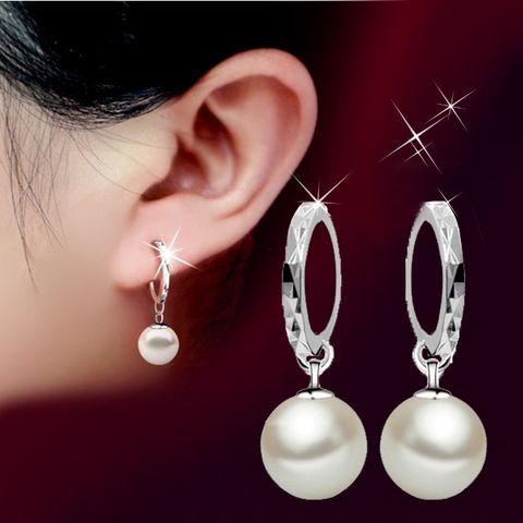1 Pair Fashion Water Droplets Copper Inlay Artificial Pearls Dangling Earrings