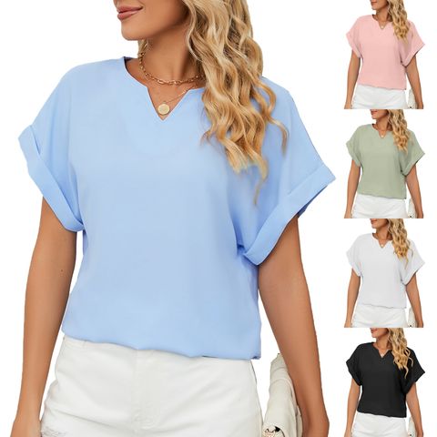 Women's Chiffon Shirt Short Sleeve Blouses Patchwork Fashion Solid Color