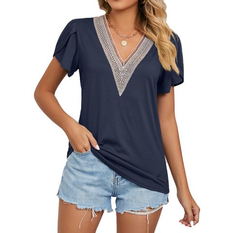 Women's T-shirt Short Sleeve T-shirts Patchwork Casual Solid Color