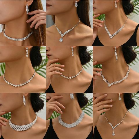 Luxurious Solid Color Rhinestone Plating Silver Plated Jewelry Set
