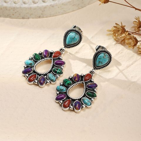 1 Pair Vintage Style Water Droplets Metal Rhinestone Turquoise Silver Plated Women's Drop Earrings