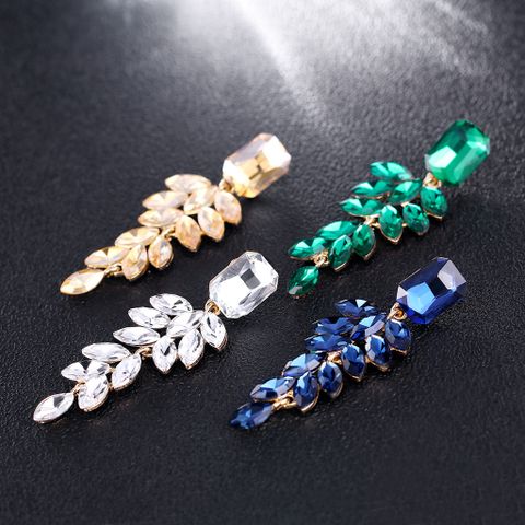 1 Pair Shiny Leaf Square Metal Inlay Rhinestones Glass Women's Drop Earrings