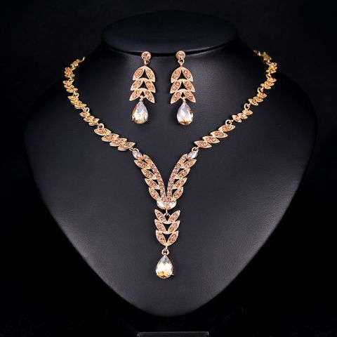 1 Juego Elegante Hoja Gotitas De Agua Aleación Vidrio Embutido Diamantes De Imitación Mujeres Aretes Collar