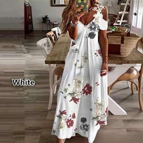 Fashion Flower V Neck Short Sleeve Printing Polyester Maxi Long Dress A-line Skirt