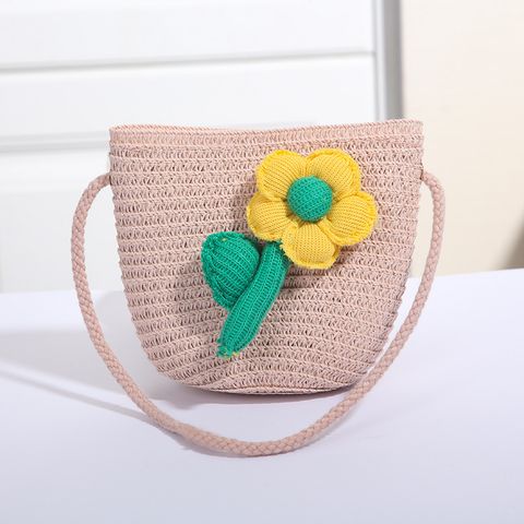 Women's Mini Straw Flower Bow Knot Fashion Bucket Zipper Shoulder Bag Handbag Crossbody Bag