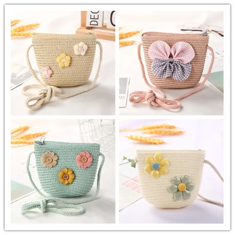 Kid's Small Straw Flower Cute Bucket Zipper Shoulder Bag Crossbody Bag