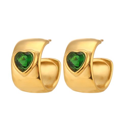 1 Pair Fashion C Shape Heart Shape Inlay Stainless Steel Zircon 18k Gold Plated Ear Studs