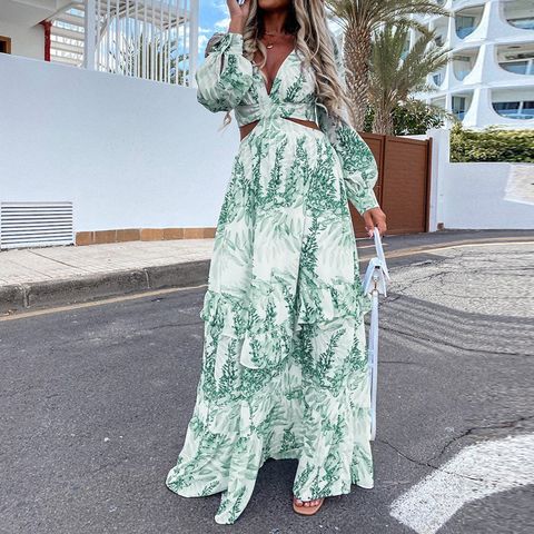 Women's Casual V Neck Hollow Out Long Sleeve Ditsy Floral Maxi Long Dress Street