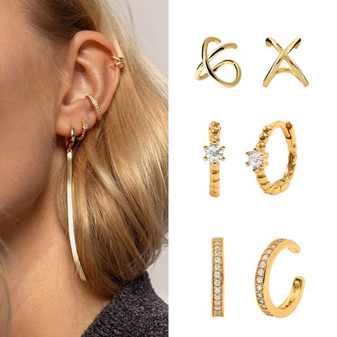 1 Pair Cool Style C Shape Inlay Copper Zircon Gold Plated Ear Clips