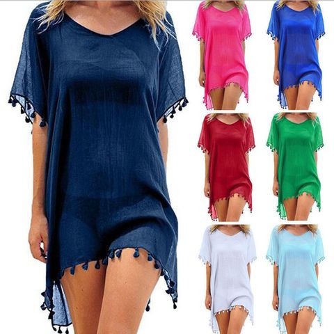 Women's Fashion Solid Color Patchwork Tassel Cover Ups