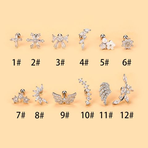 Fashion Wings Flower Stainless Steel Copper Plating Inlay Zircon Ear Studs 1 Piece
