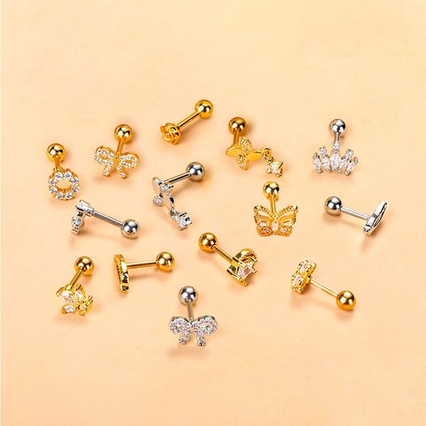 Simple Style Feather Butterfly Stainless Steel Copper Plating Inlay Zircon Ear Studs 1 Piece