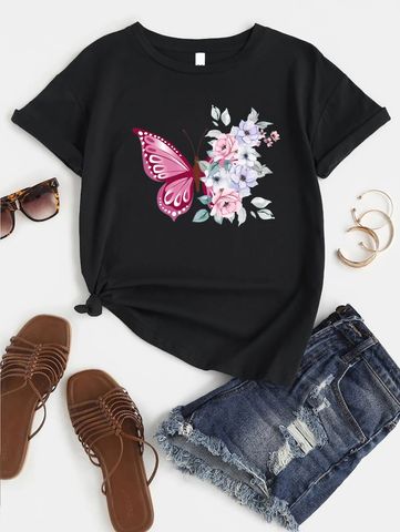 Women's T-shirt Short Sleeve T-shirts Printing Simple Style Flower Butterfly