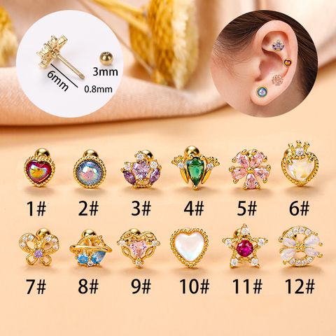 Fashion Heart Shape Crown Stainless Steel Copper Plating Inlay Zircon Ear Studs 1 Piece