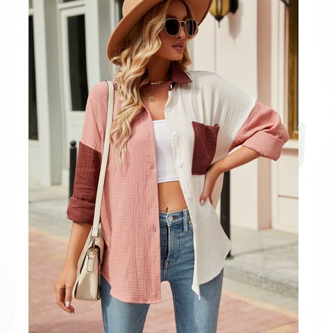 Women's Blouse Long Sleeve Blouses Pocket Fashion Streetwear Color Block