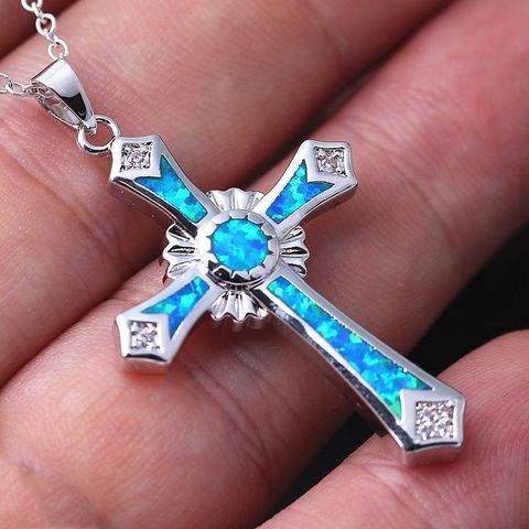 Retro Cross Alloy Inlay Opal Women's Pendant Necklace