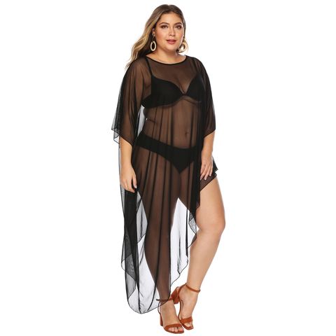 Sexy Solid Color Net Yarn See-through 1 Piece Plus Size Swimwear