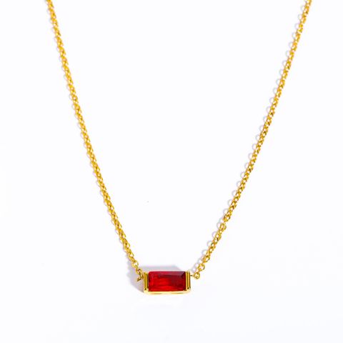 201 Stainless Steel Retro Inlay Rectangle Birthstone Zircon Pendant Necklace