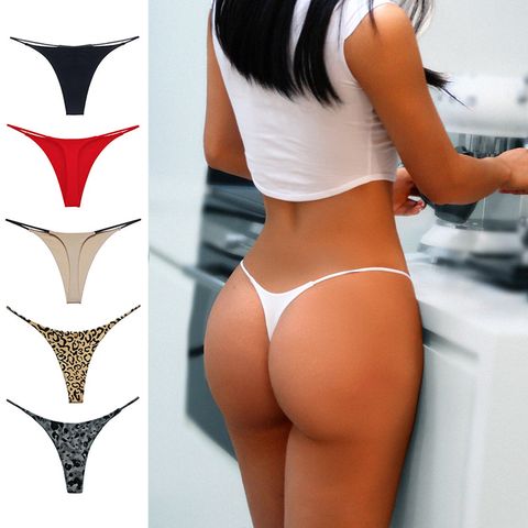 Solid Color Leopard Invisible Low Waist Thong Panties