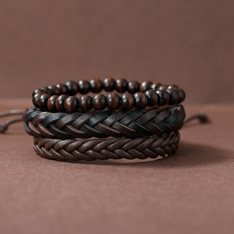 Fashion Round Beaded Pu Leather Men's Bracelets