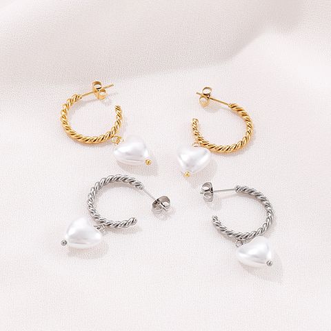 1 Pair Fashion Modern Style C Shape Heart Shape Pearl Plating Stainless Steel Drop Earrings