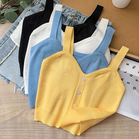 Women's Wrap Crop Top Tank Tops Button Sexy Solid Color