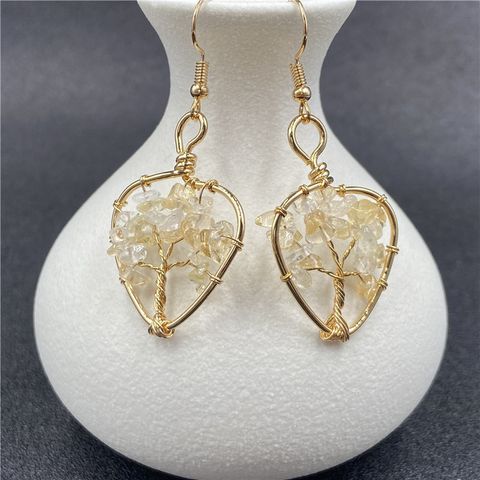 Ethnic Style Square Oval Lucky Tree Natural Stone Polishing Drop Earrings 1 Pair