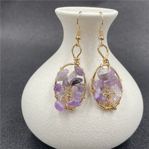 Ethnic Style Square Oval Lucky Tree Natural Stone Polishing Drop Earrings 1 Pair