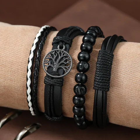 Ensemble De 4 Pièces Mode Perlé Faux Cuir Fait Main Hommes Bracelets